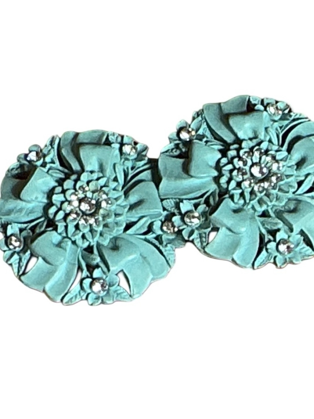 Vintage Featherweights 2.5" Turquoise Floral Rhinestone Clip-On Earrings